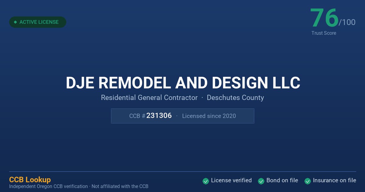 DJE Remodel And Design LLC - Oregon CCB License #231306 | Status: Active