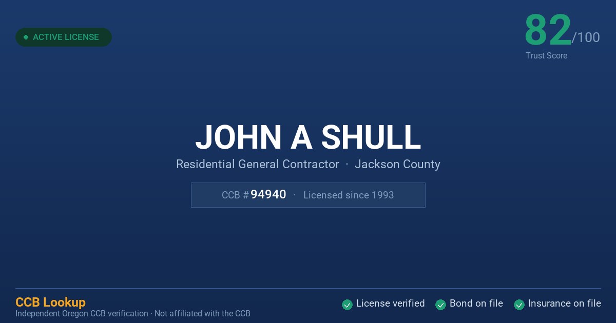 JOHN A SHULL - Oregon CCB License #94940 | Status: Active