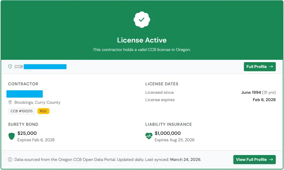 Oregon CCB license active result - shows active license status, surety bond amount and expiration, and liability insurance coverage
