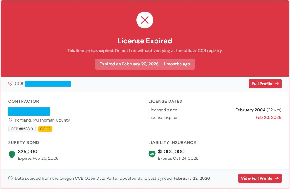 Oregon CCB license expired result - shows expired license status with expiration date highlighted in red, warns user not to hire without further verification